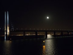 This picture was taken 2016 and showes the bridge Øresundsmotorvejen between København Danmark and Malmö Sweden. It was taken on the sea. In the background is Malmö Sweden. This picture was taken 2016 and showes the bridge Øresundsmotorvejen between København Danmark and Malmö Sweden. It was taken on the sea. In the background is Malmö Sweden.